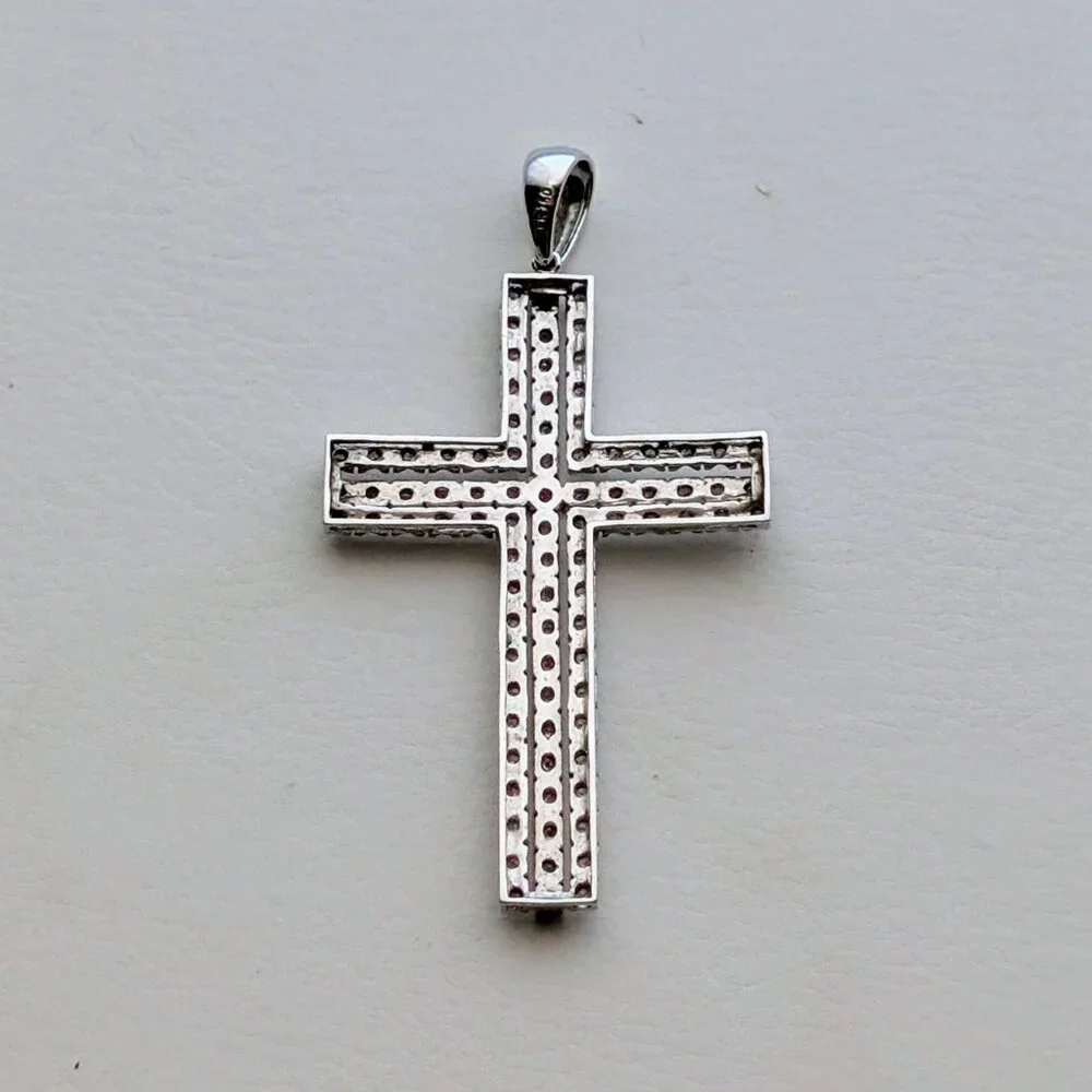Vintage Large Solid 18K 750 White Gold Diamond Cluster Cross Pendant